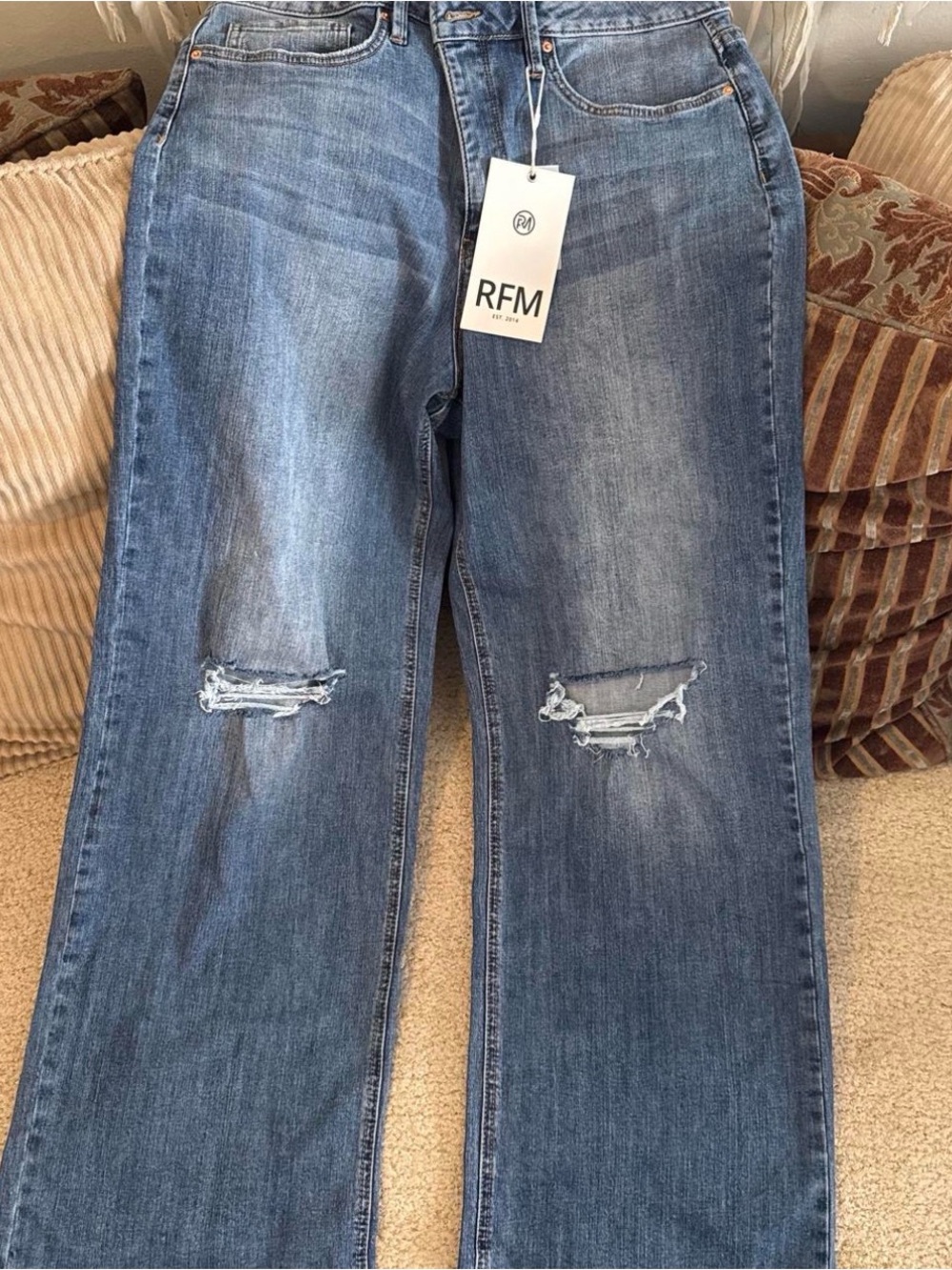 RFM Women's Distressed Straight-Leg Jeans in Medium Blue